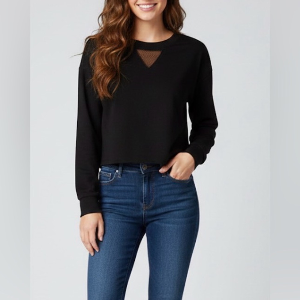 Bebe Black Cropped Sweatshirt With Mesh Detail Top Size Medium